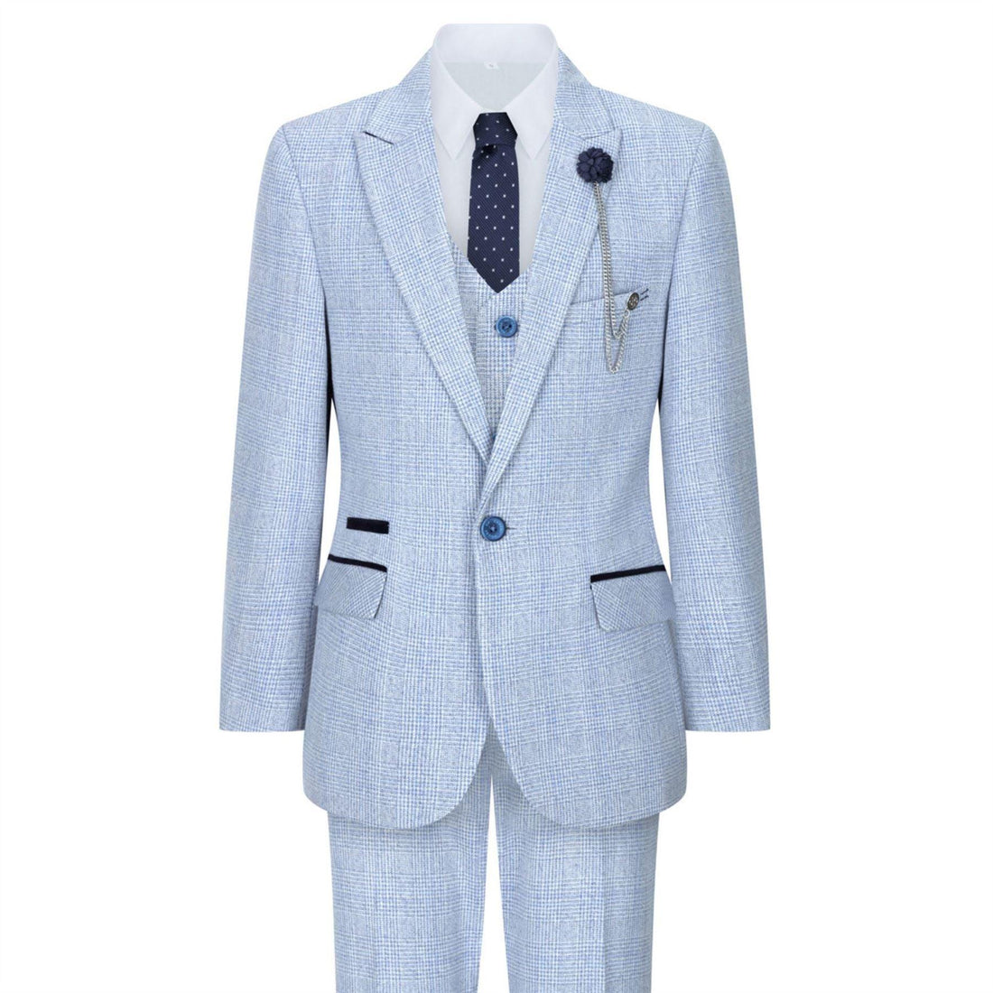 Boys 3 Piece Check Suit Tweed Light Blue Tailored Fit Wedding Peaky Classic - Knighthood Store