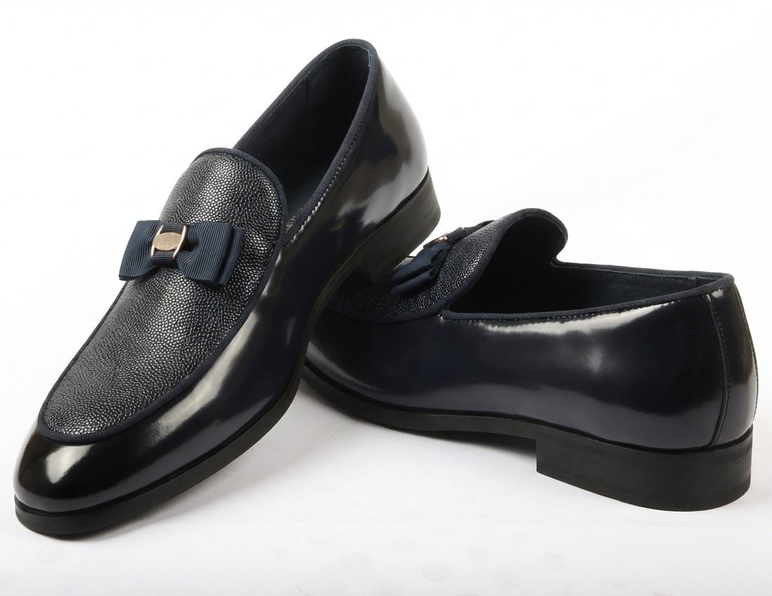 Men’s Formal Dress Loafers Patent PU Leather Textured Front Iconic Buckle Bow Modern Slip-On Shoes
