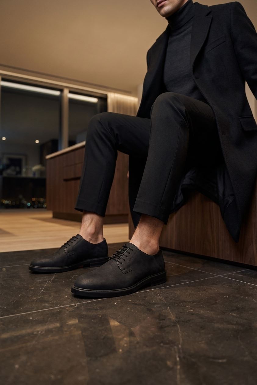 Pedro - Men's Black Suede Matte Finish Lace-Up Derby Shoes