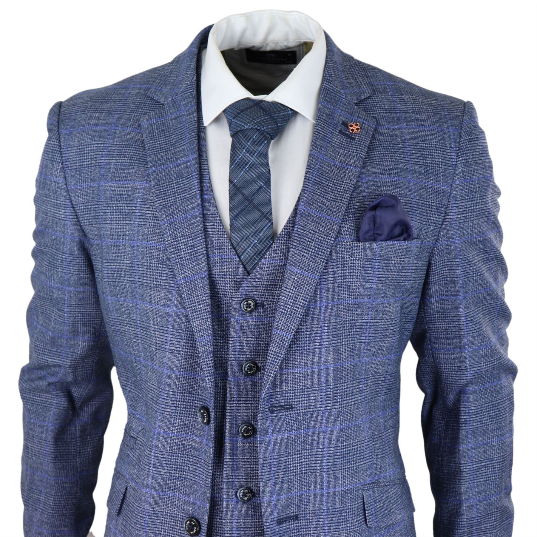 Mens 3 Piece Suit Blue Prince Of Wales Check Tailored Fit Summer Classic Vintage