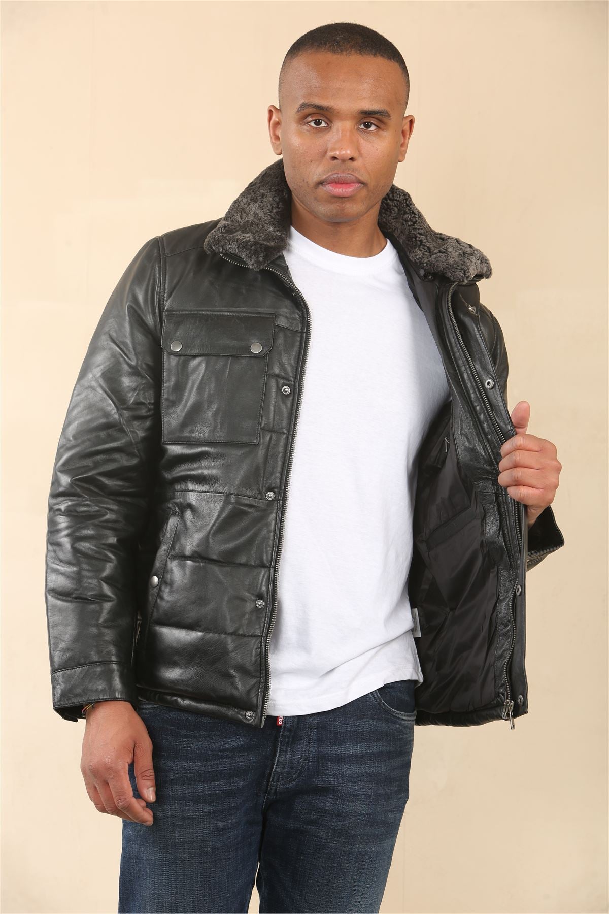 Men's Quilted Faux Fur Collar Leather Jacket