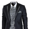 Mens Wedding 3 Piece Black Suit Diamonte Silver Cravat Waistcoat Groom Bestman - Knighthood Store