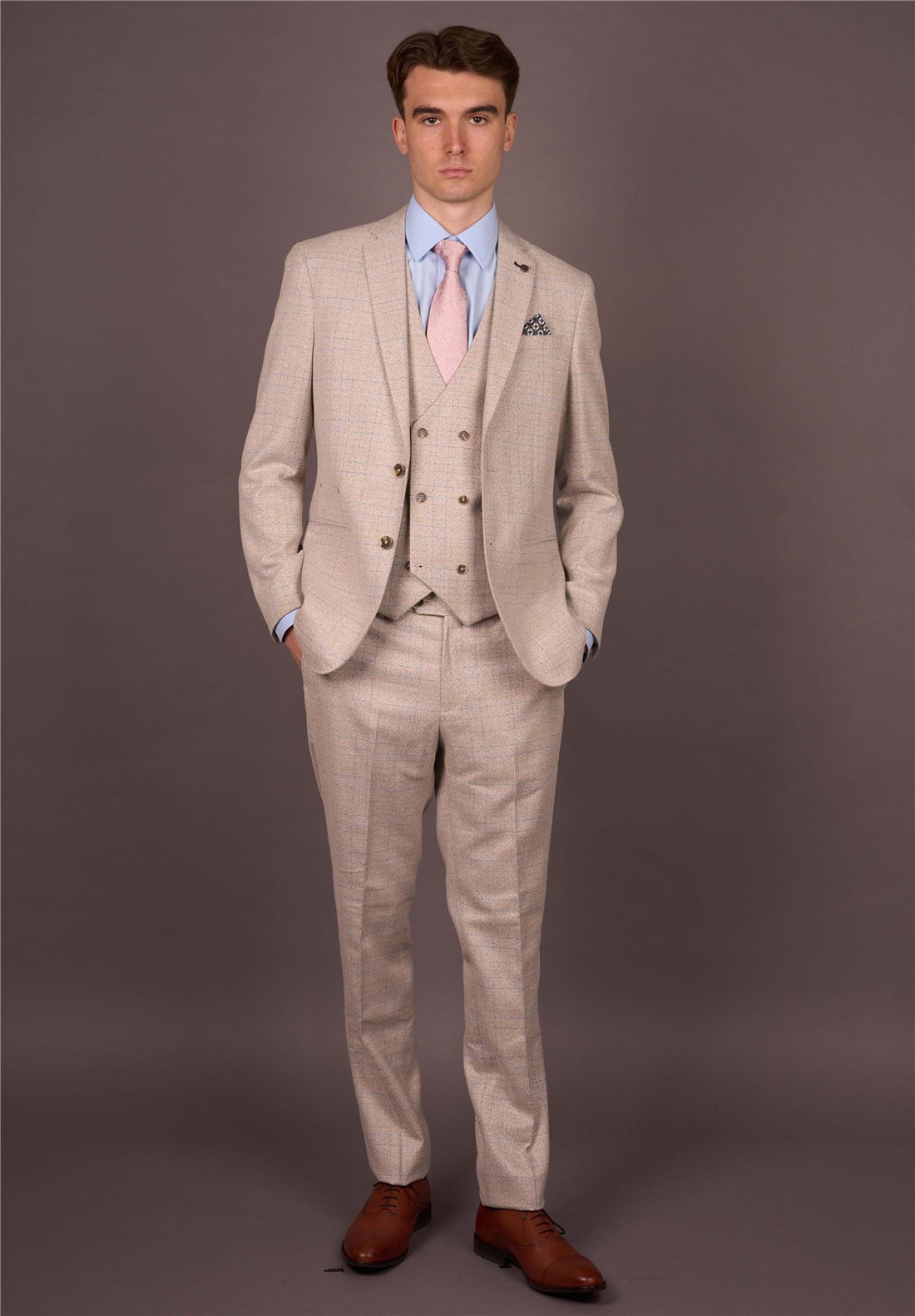 Luis - Men's Cream Plaid Check Slim Fit 3 Piece Suit