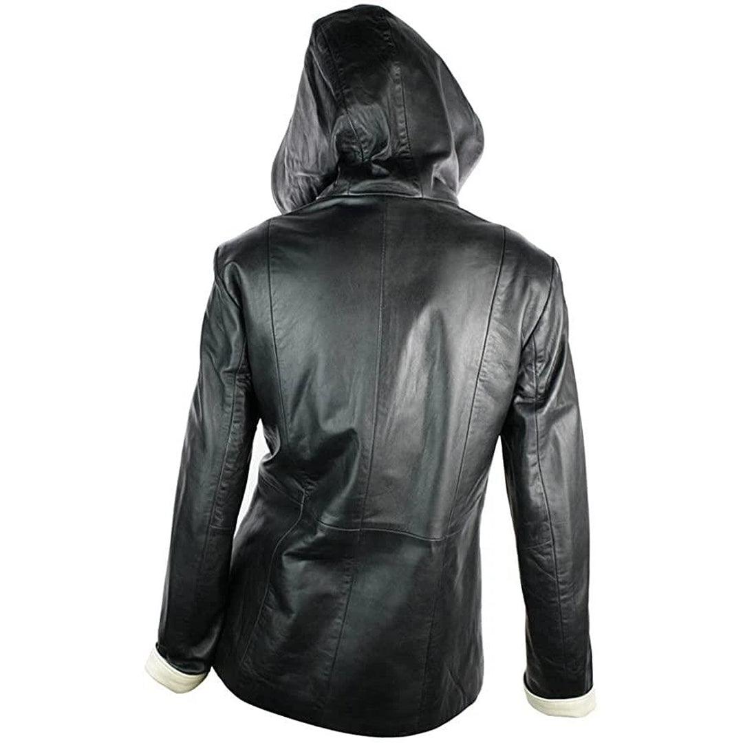 Ladies Leather Jacket with hood with Cream Edgeing Black Jacket Vintage Look - Knighthood Store