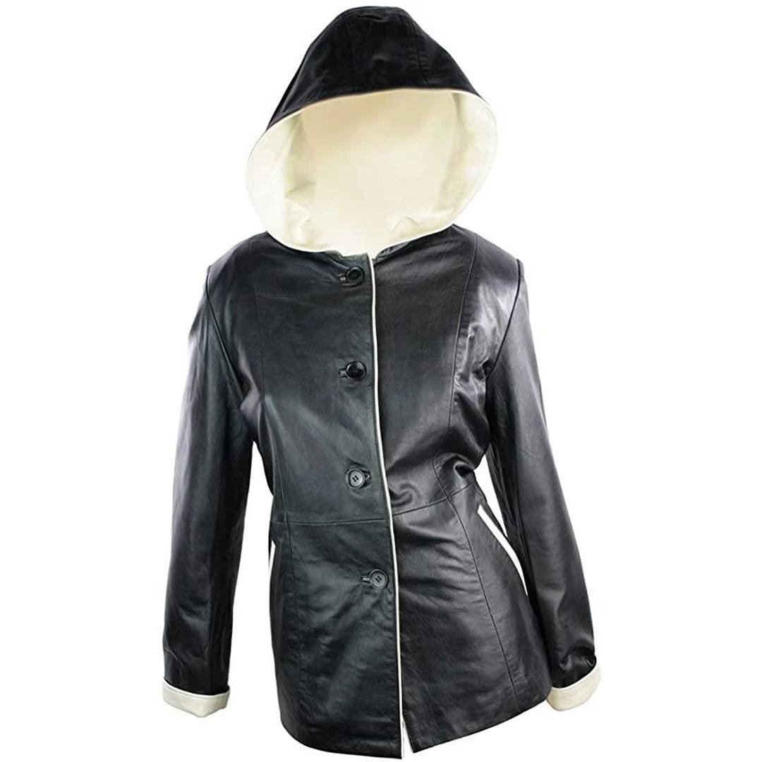 Ladies Leather Jacket with hood with Cream Edgeing Black Jacket Vintage Look - Knighthood Store