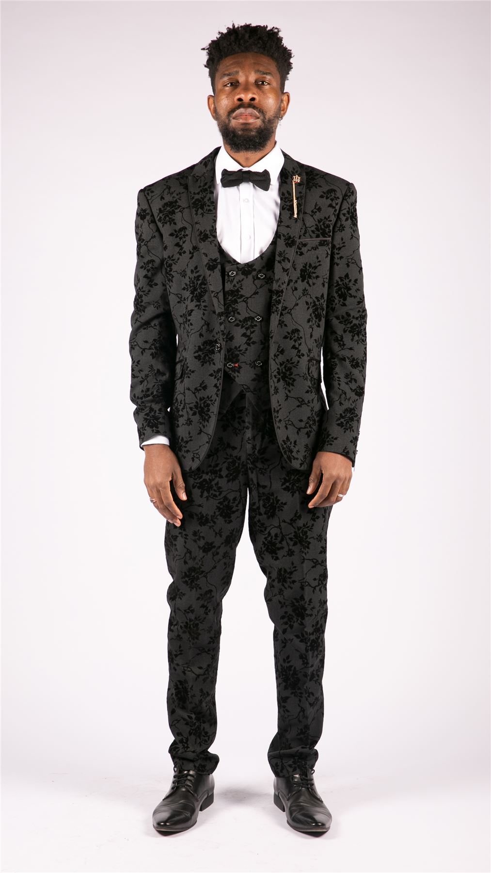 Mens Black 3 Piece Suit Paisley Velvet Wedding Grrom Best Man Tailored Fit