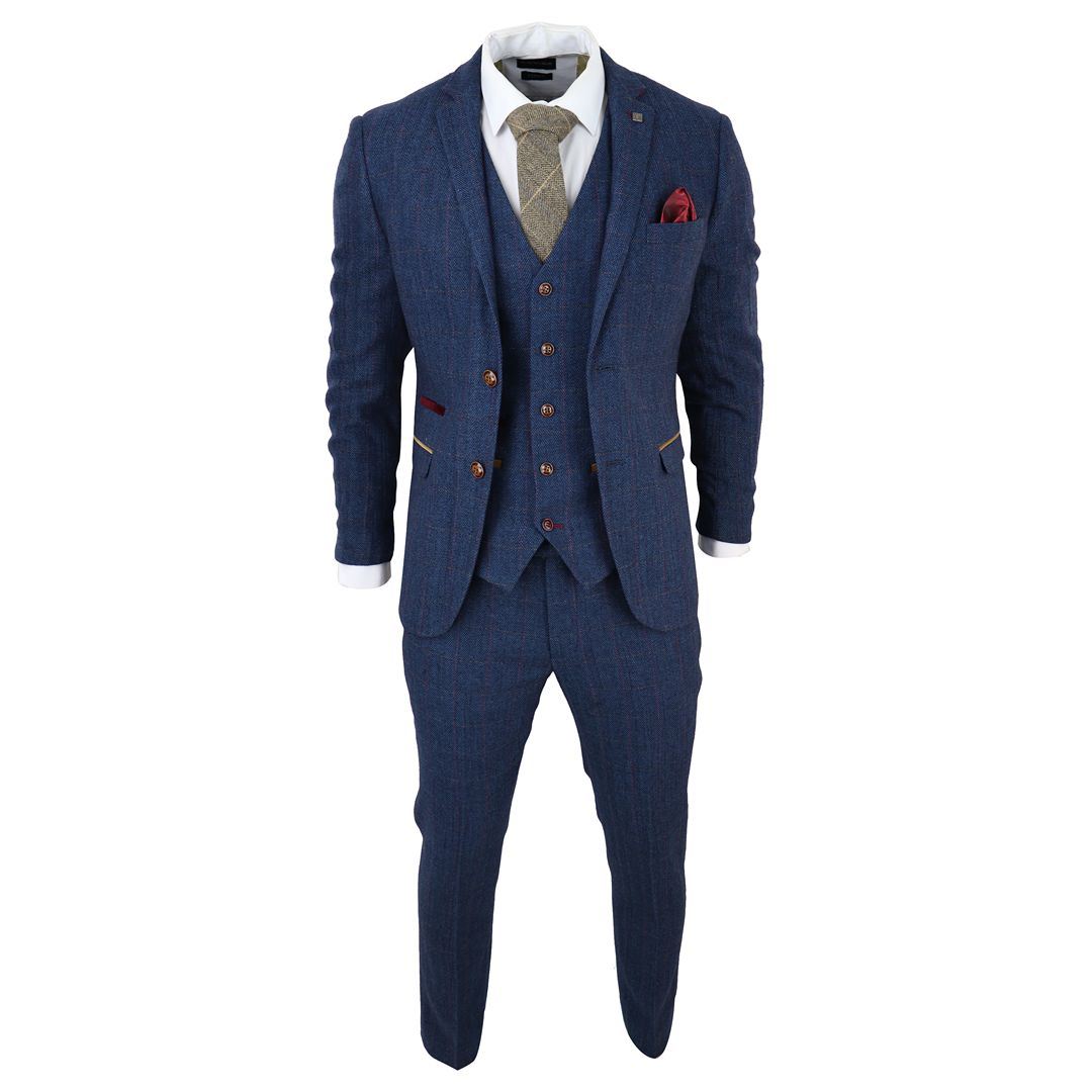 Mens Blue 3 Piece Suit Herringbone Tweed Checked Formal Dress Suits