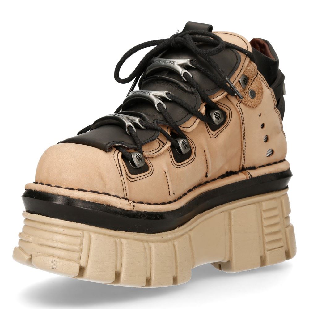 New Rock M-106-S40 Beige Leather Gothic Ankle Platform Boots