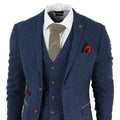 Mens Blue 3 Piece Suit Herringbone Tweed Checked Formal Dress Suits - Knighthood Store