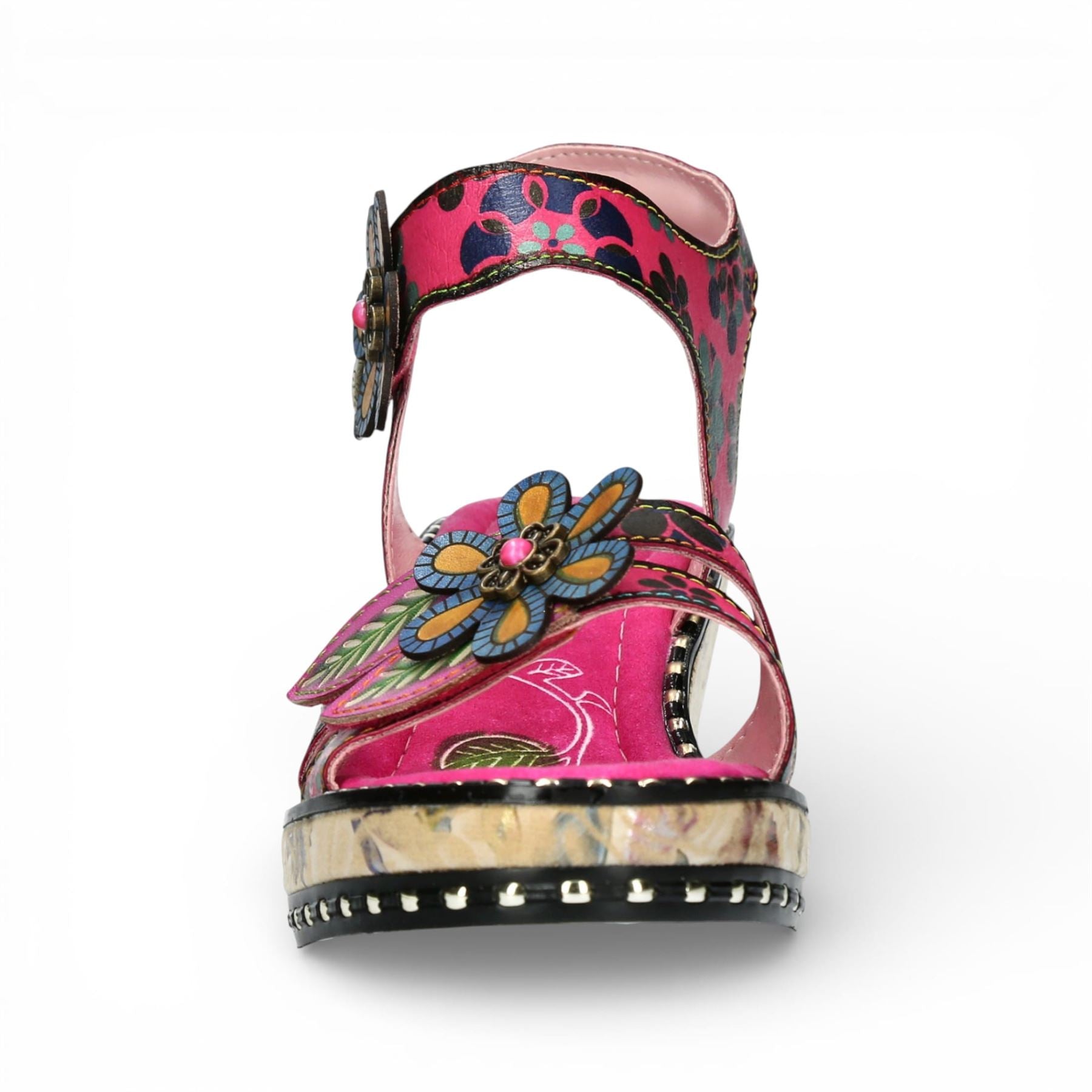 Ballon 08 - Women's Pink Floral Leather Wedge Sandals