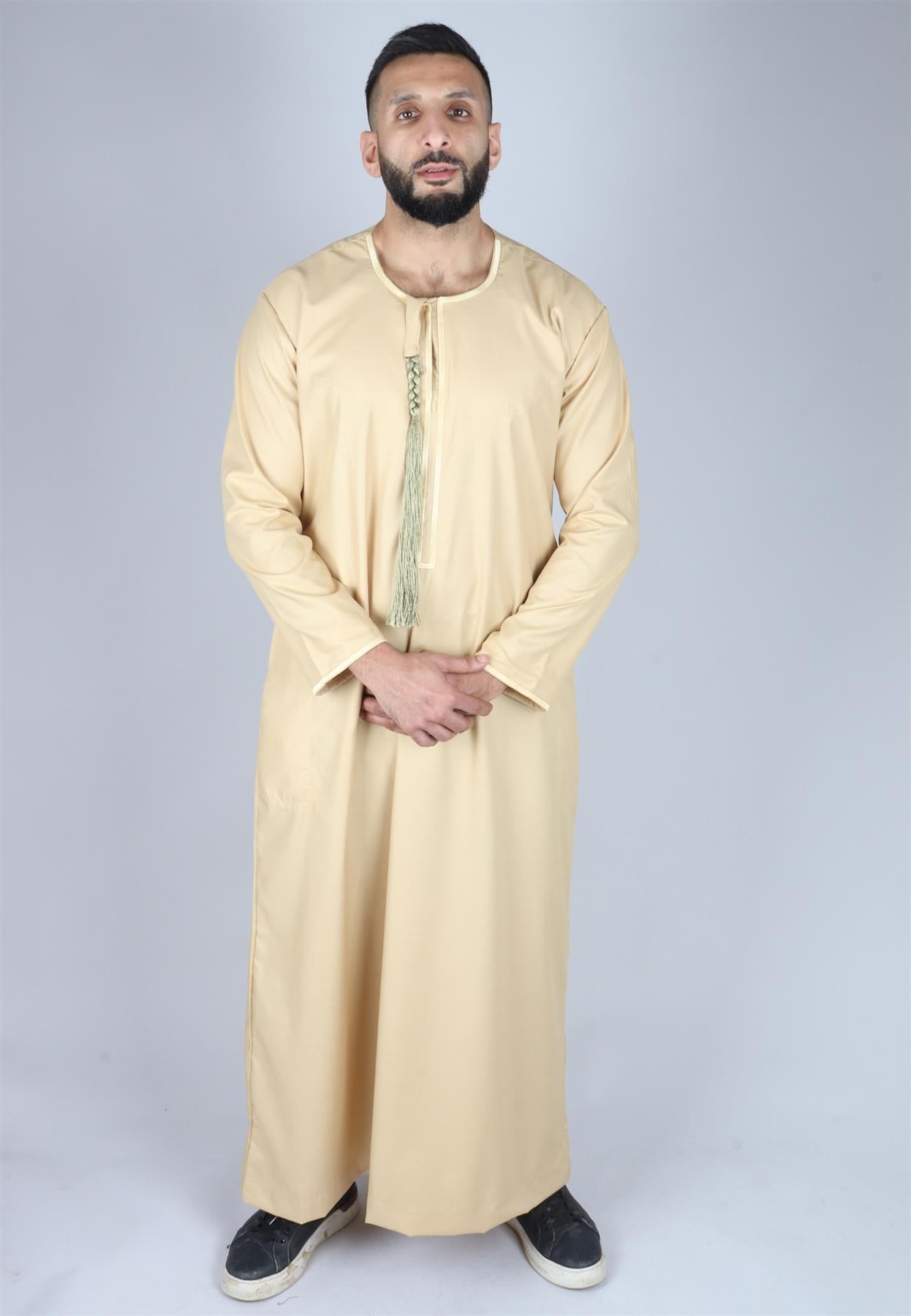 Mens Thobe Jubba Islamic Clothing Muslim Kaftan Emirati Omani Robe Arab Tassel