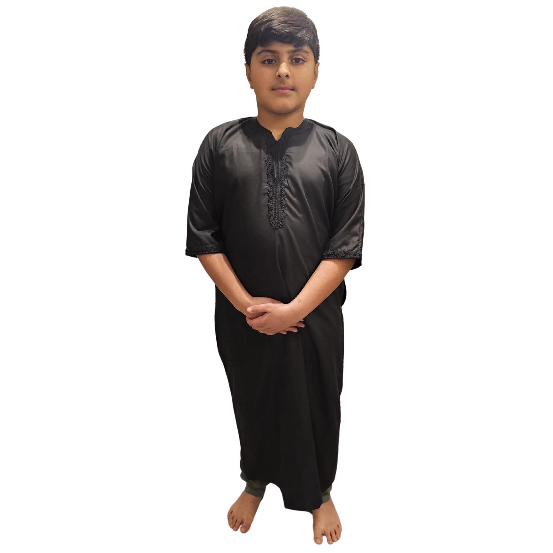 Boy's Morrocan Thobe Jubba Islamic Clothing Kaftan Dubai Arabic Robe Half Short Sleeve