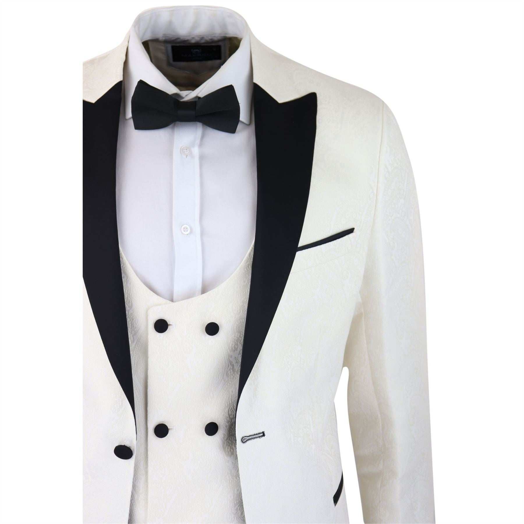 Mens Paisley Tuxedo Blazer And Waistcoat Brocade Dinner Jacket Satin Ivory Black
