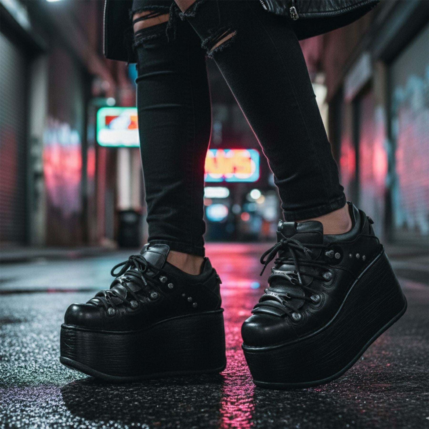 New Rock M-120N-C96 Black Leather Platform Ankle Boots