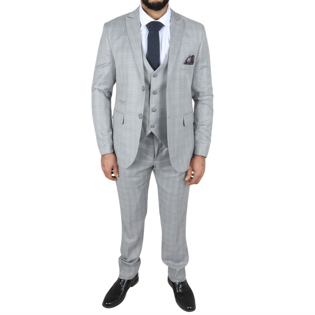 Men's Light Grey Suit Prince Of Wales Check Tailored Fit 3 Piece Formal Dress