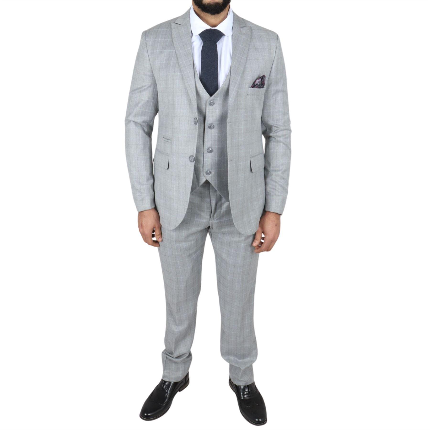 Men's Light Grey Suit Prince Of Wales Check Tailored Fit 3 Piece Formal Dress - Knighthood Store