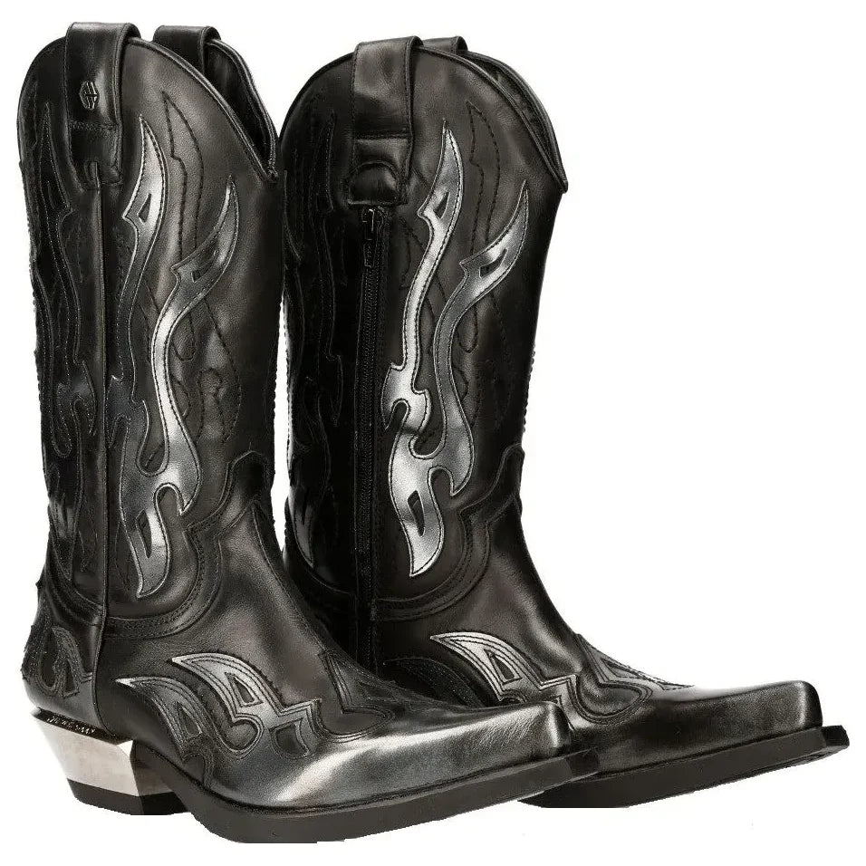 Men's New Rock M-7921-S3 Silver Flame Boots Black Leather Western