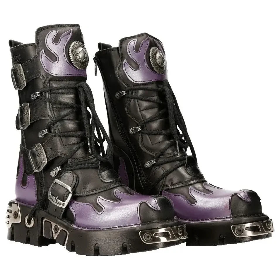 Men's New Rock M-591-s5 Purple Flame Boots Black Leather Gothic