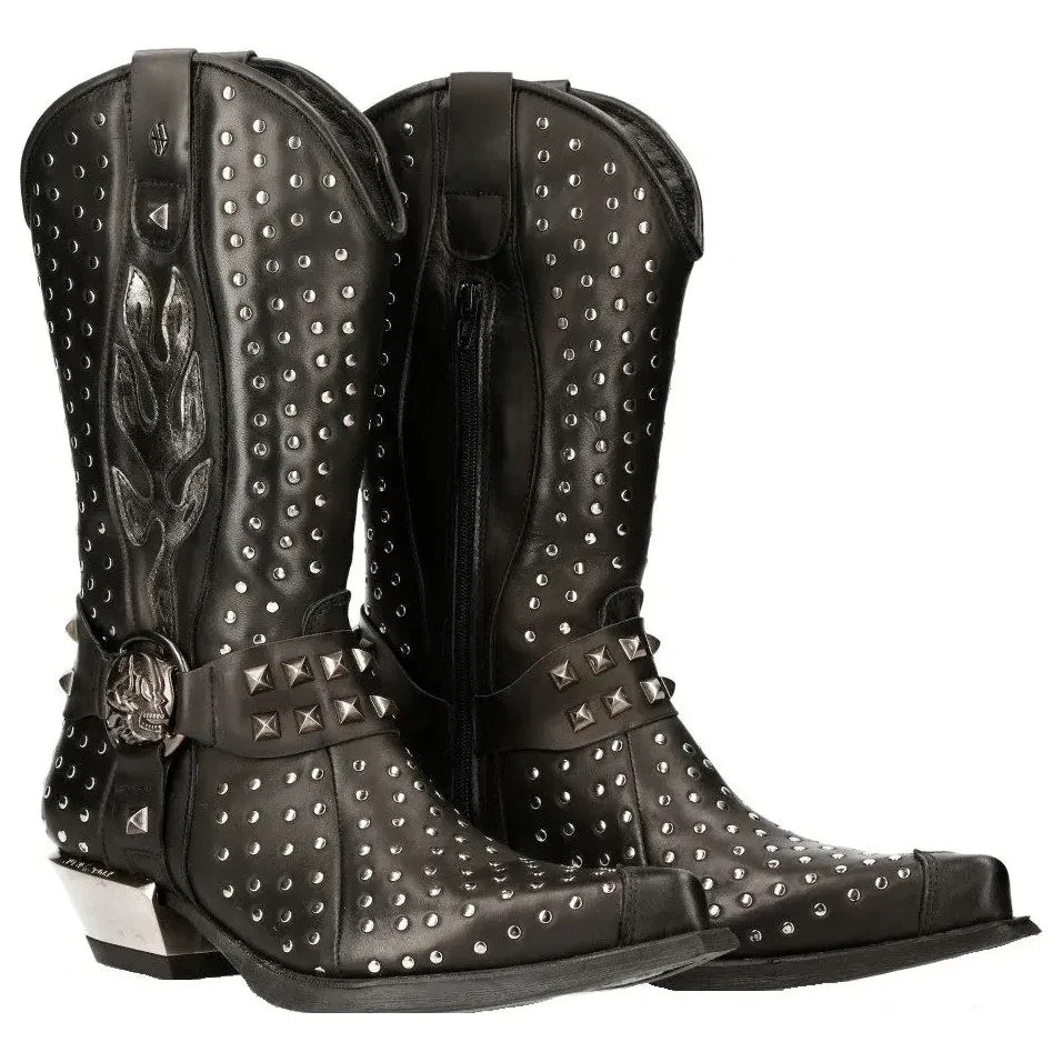 Men's New Rock M-7928-s1 Western Cowboy Boots Black Leather