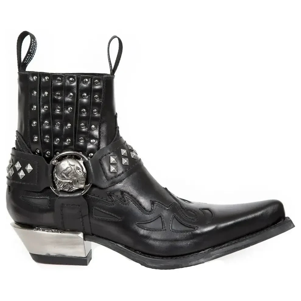 Men's New Rock M.7950-S1 Black Ankle Boots Western Goth Skull Stud