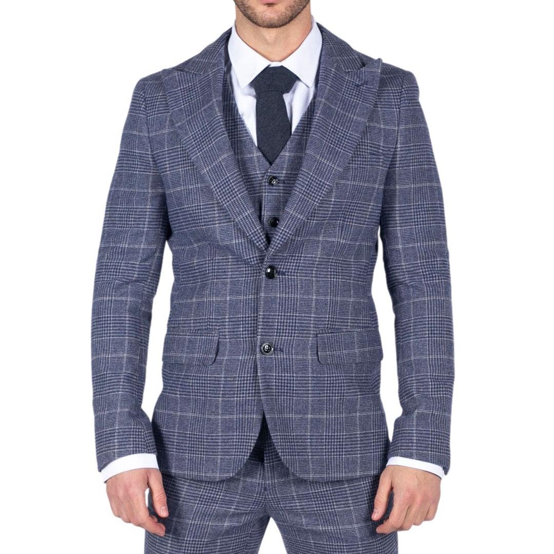 Mens Tweed Wool Check Suit 3 Piece Vintage Classic Blue Grey Tailored Fit - Knighthood Store