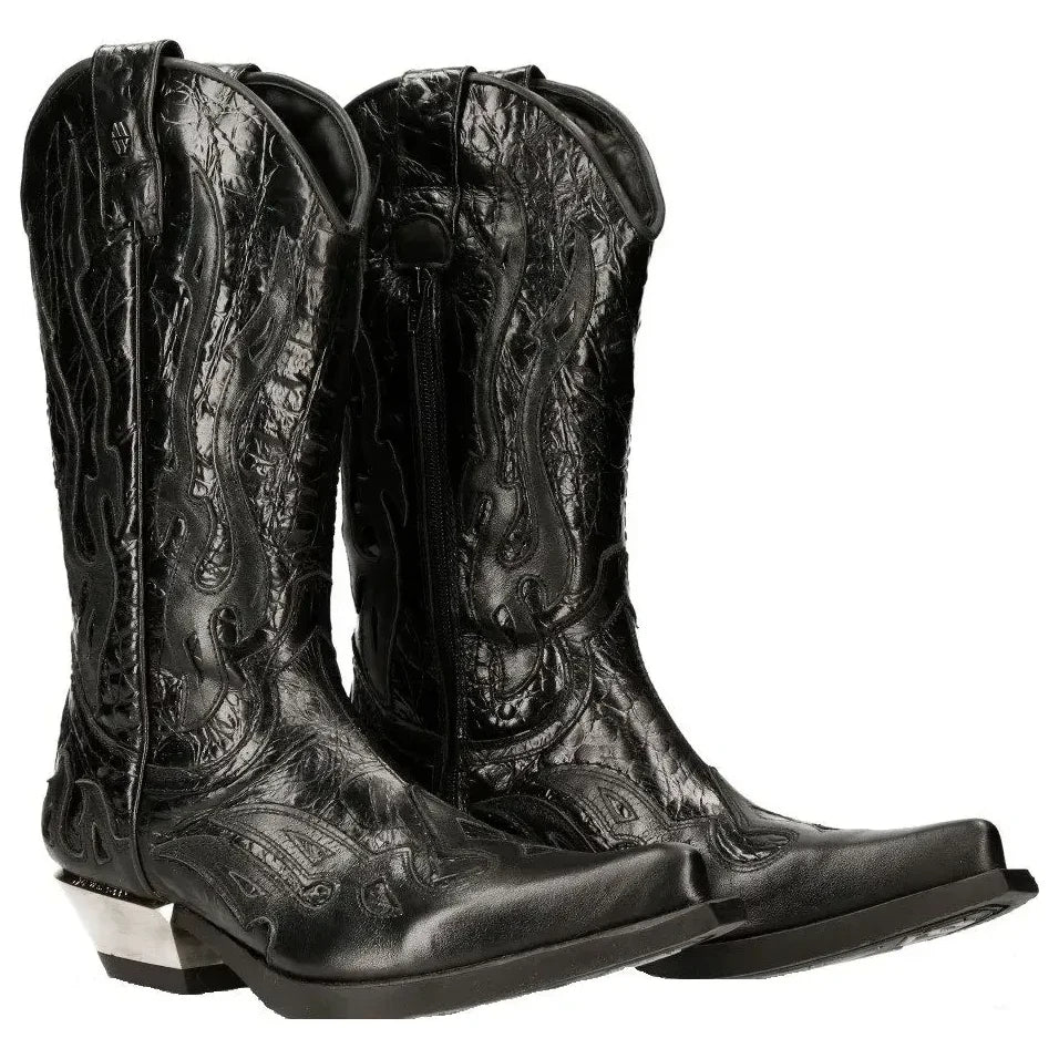 Men's New Rock M-7921-S1 Black Flame Boots Black Leather Cowboy