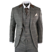 Mens Check Tweed Wool 3 Piece Tan Brown Beige Suit Vintage Retro Tailored Fit