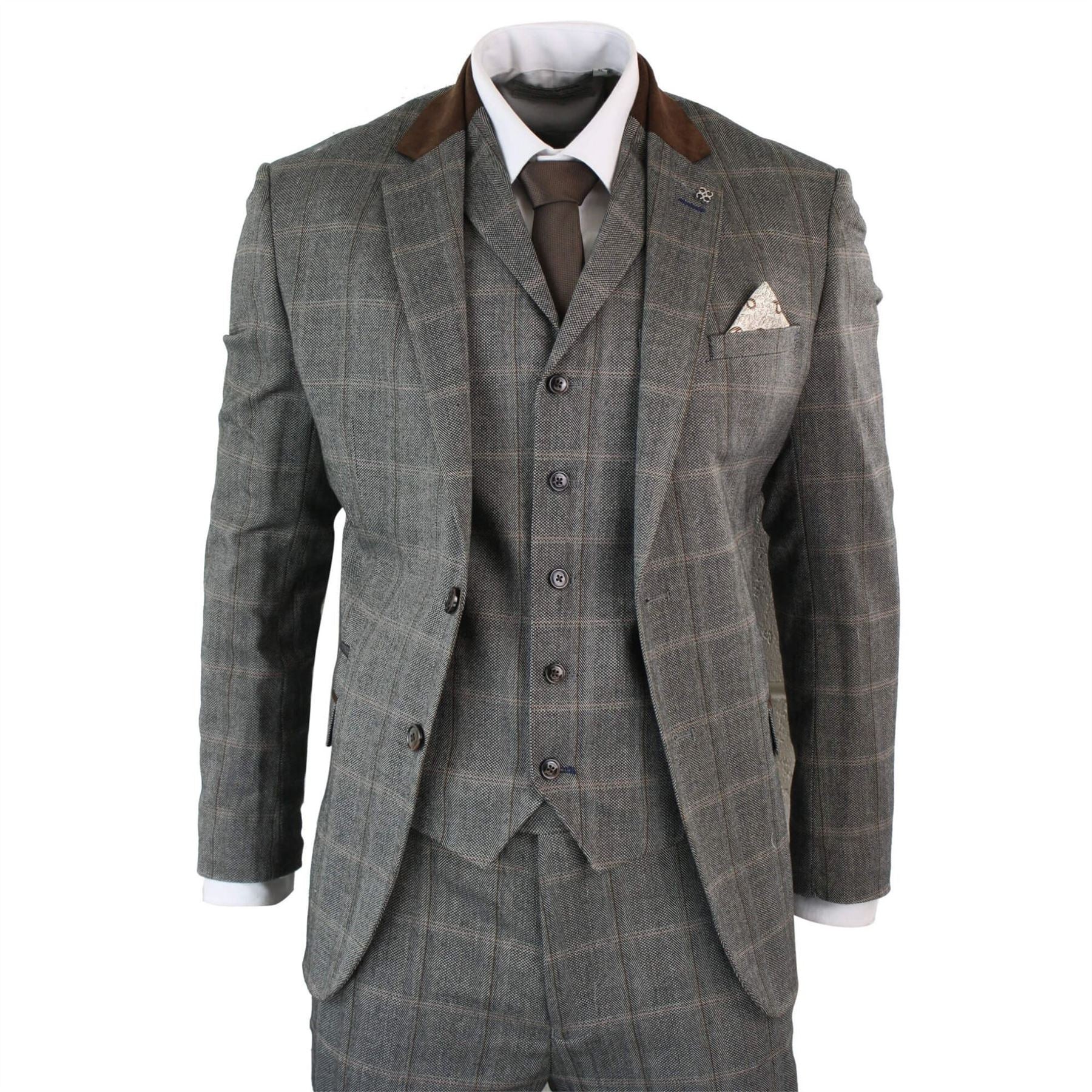 Mens Check Tweed Wool 3 Piece Tan Brown Beige Suit Vintage Retro Tailored Fit