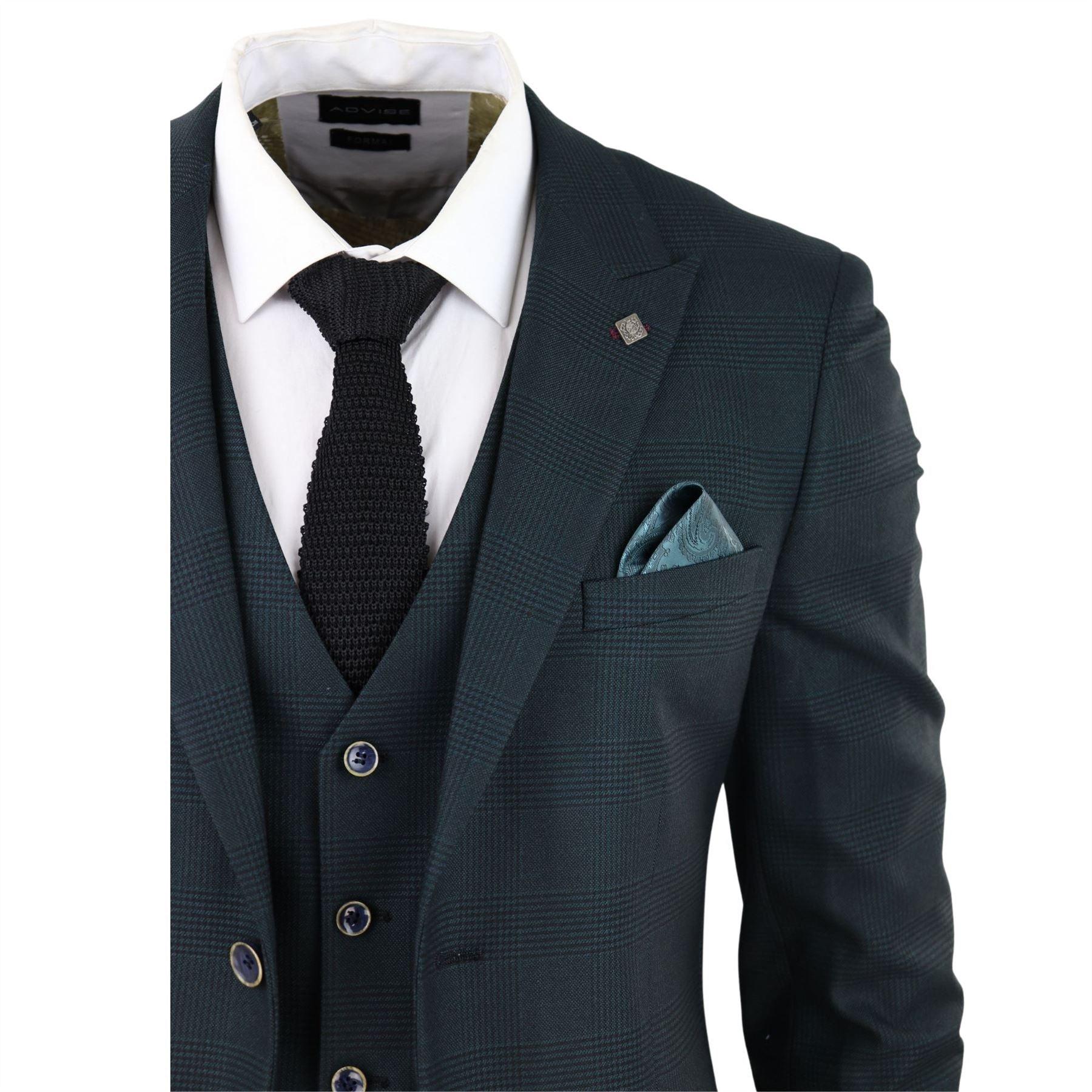 Mens Olive Green 3 Piece Suit Prince Of Wales Black Check Classic Tailored Fit - Knighthood Store