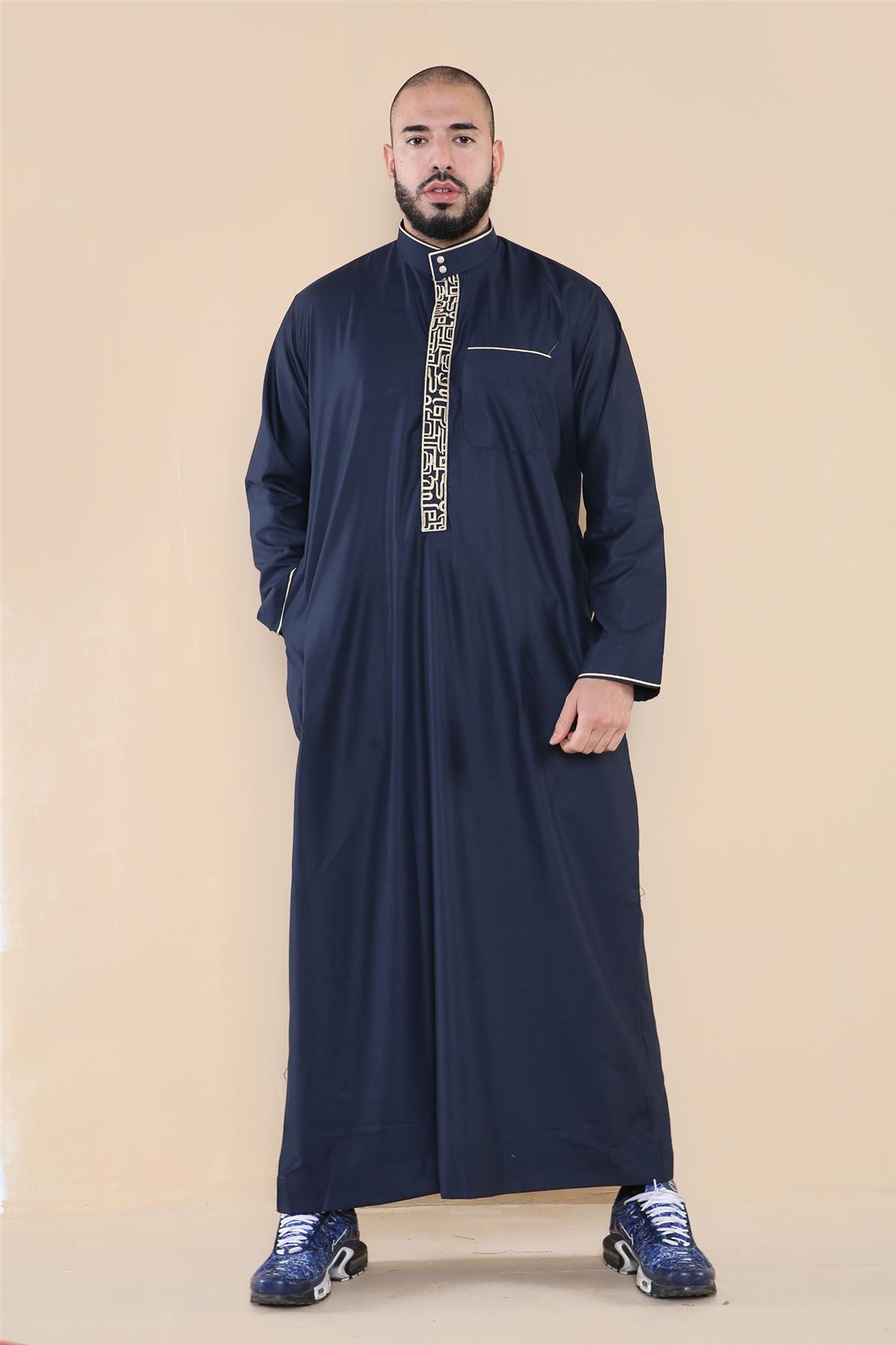 Mens Thobe Jubba Nehru Stand Collar Islamic Clothing Muslim Cotton Kaftan Embroidery Eid Robe Saudi