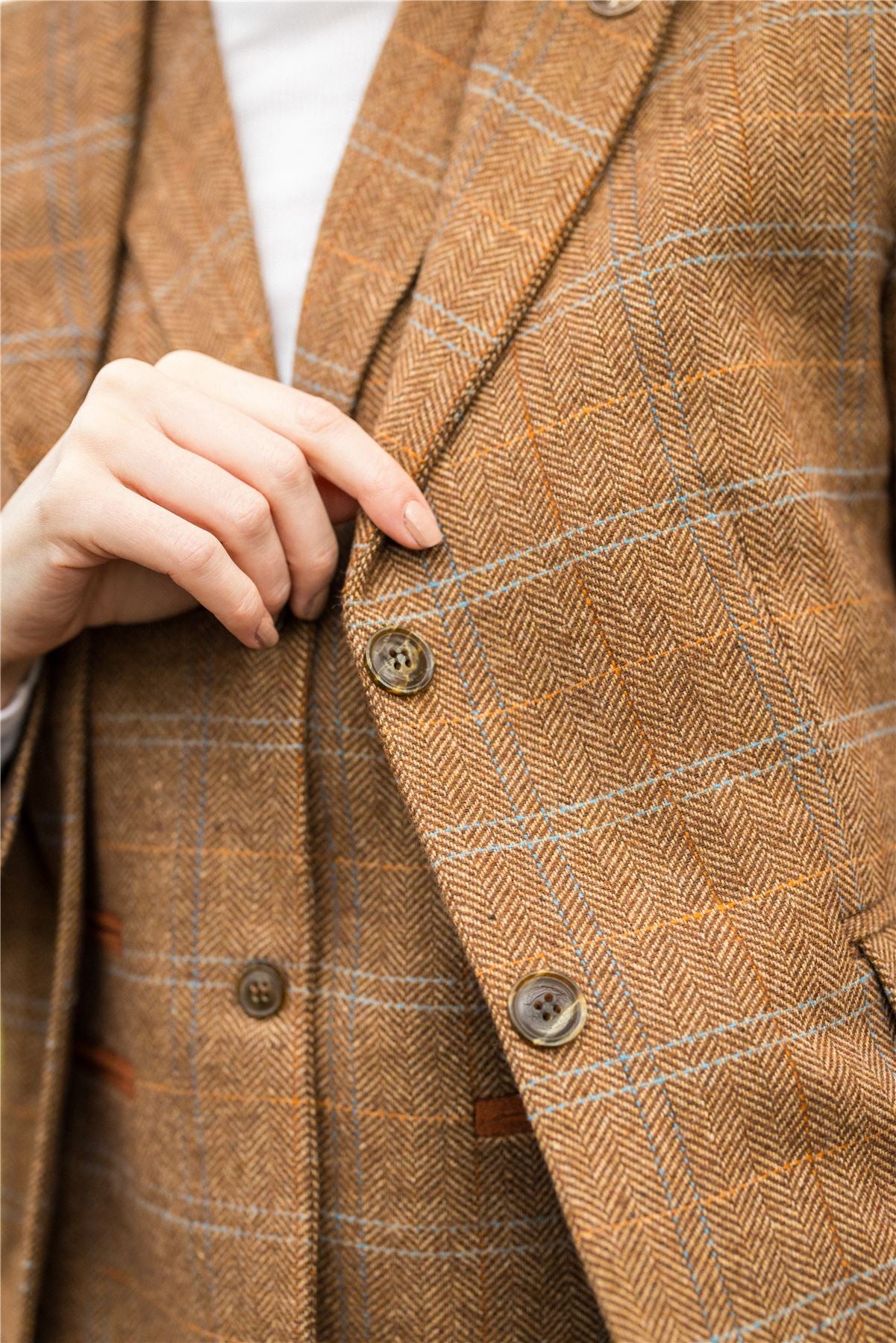 Women's Oak Brown Wool Blend Tweed Herringbone Checkered Blazer Waistcoat