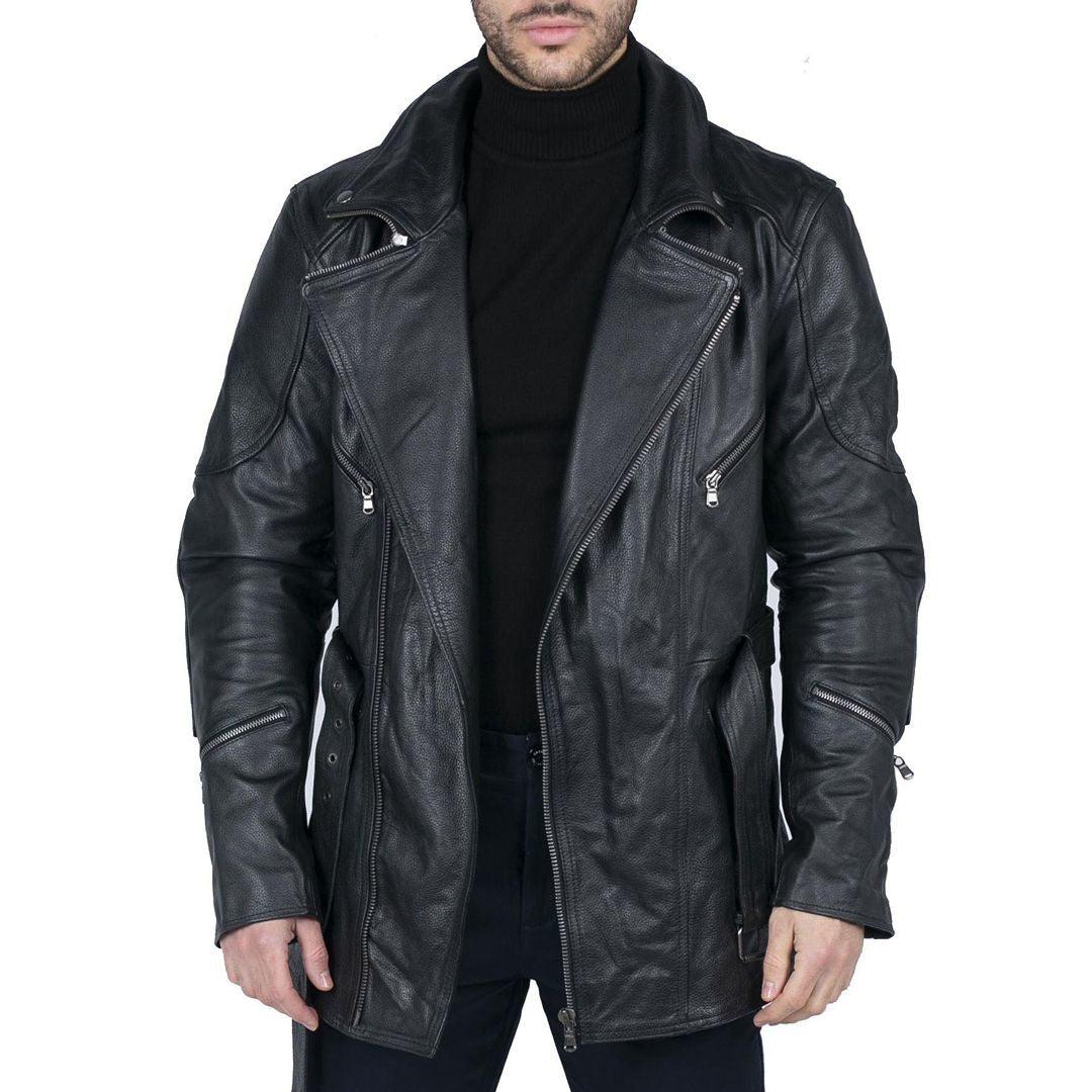 Mens Cross Zip Belted Black 3/4 Motorcycle Biker Long Leather Jacket CE Armour - Knighthood Store