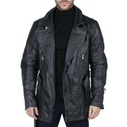 Mens Cross Zip Belted Black 3/4 Motorcycle Biker Long Leather Jacket CE Armour - Knighthood Store