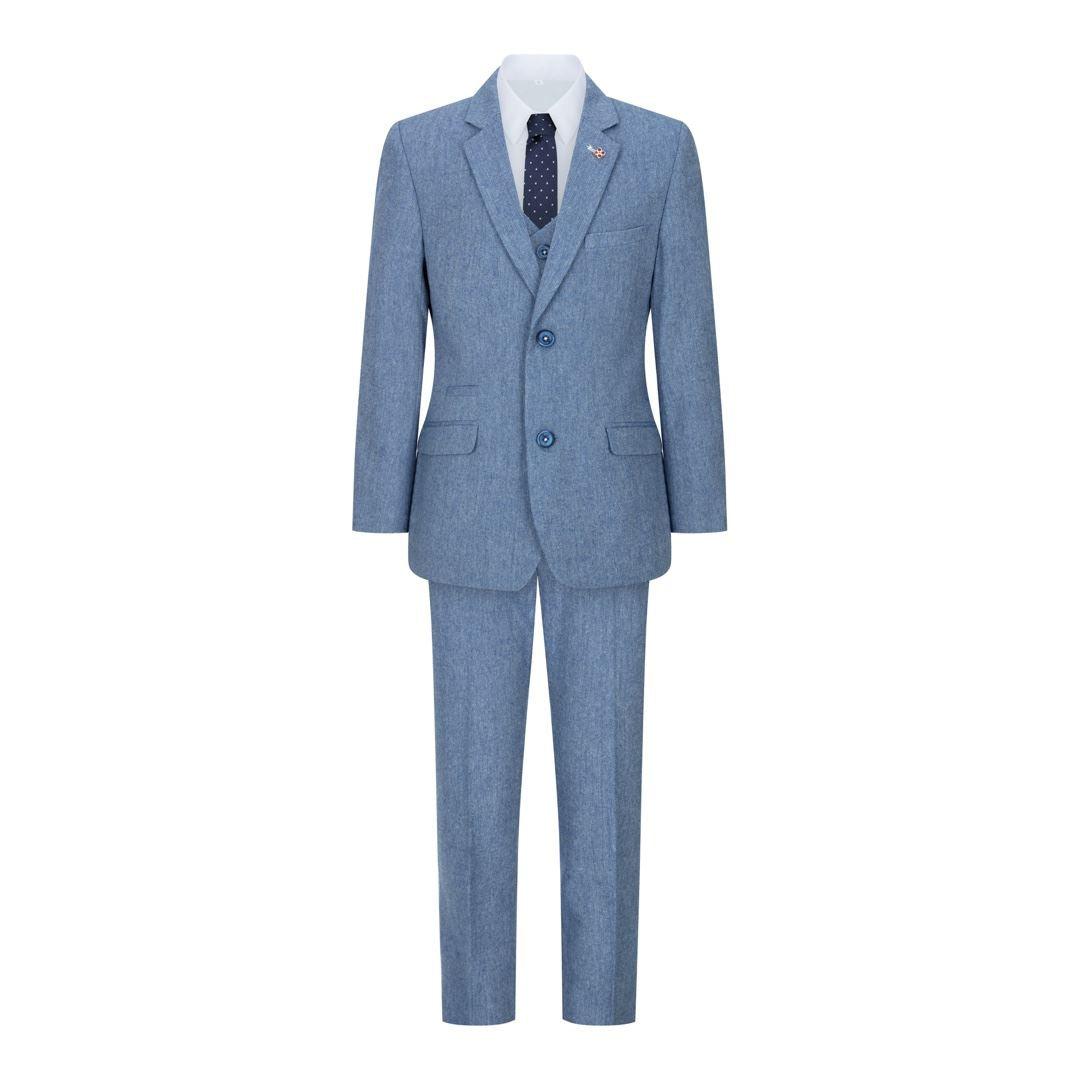 Boys 3 Piece Wool Suit Light Blue Tweed Vintage 1920s Classic 4 Pocket Waistcoat - Knighthood Store