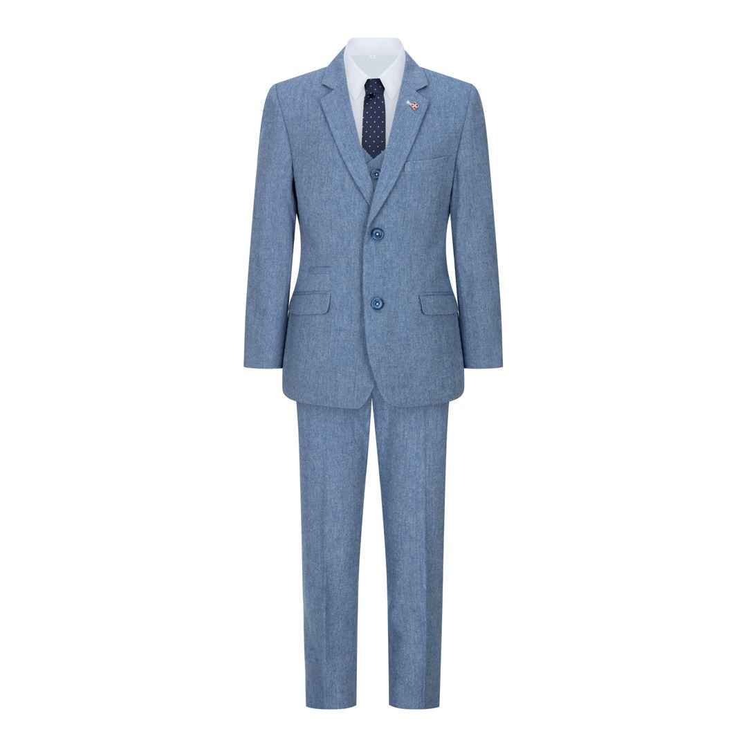 Boys 3 Piece Wool Suit Light Blue Tweed Vintage 1920s Classic 4 Pocket Waistcoat