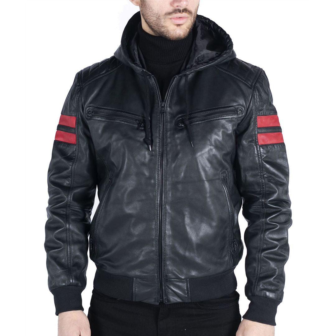 Mens Blue Black Hood Real Leather Bomber Jacket Red Stripes Quilted Slim Fit Casual - Knighthood Store