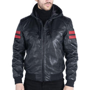 Mens Blue Black Hood Real Leather Bomber Jacket Red Stripes Quilted Slim Fit Casual - Knighthood Store