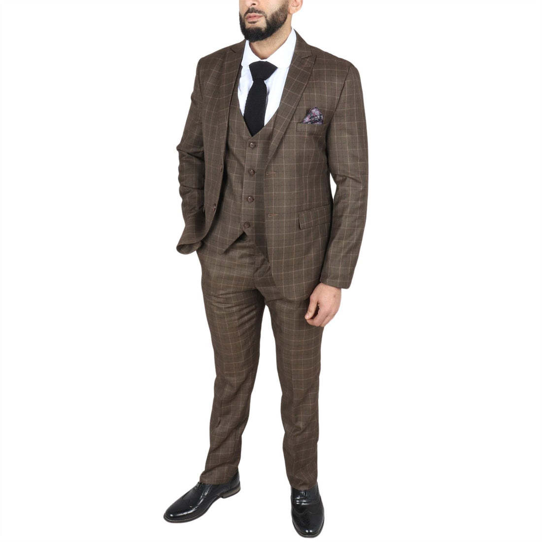 Men's Brown Suit Prince Of Wales Check Tailored Fit 3 Piece Formal Dress