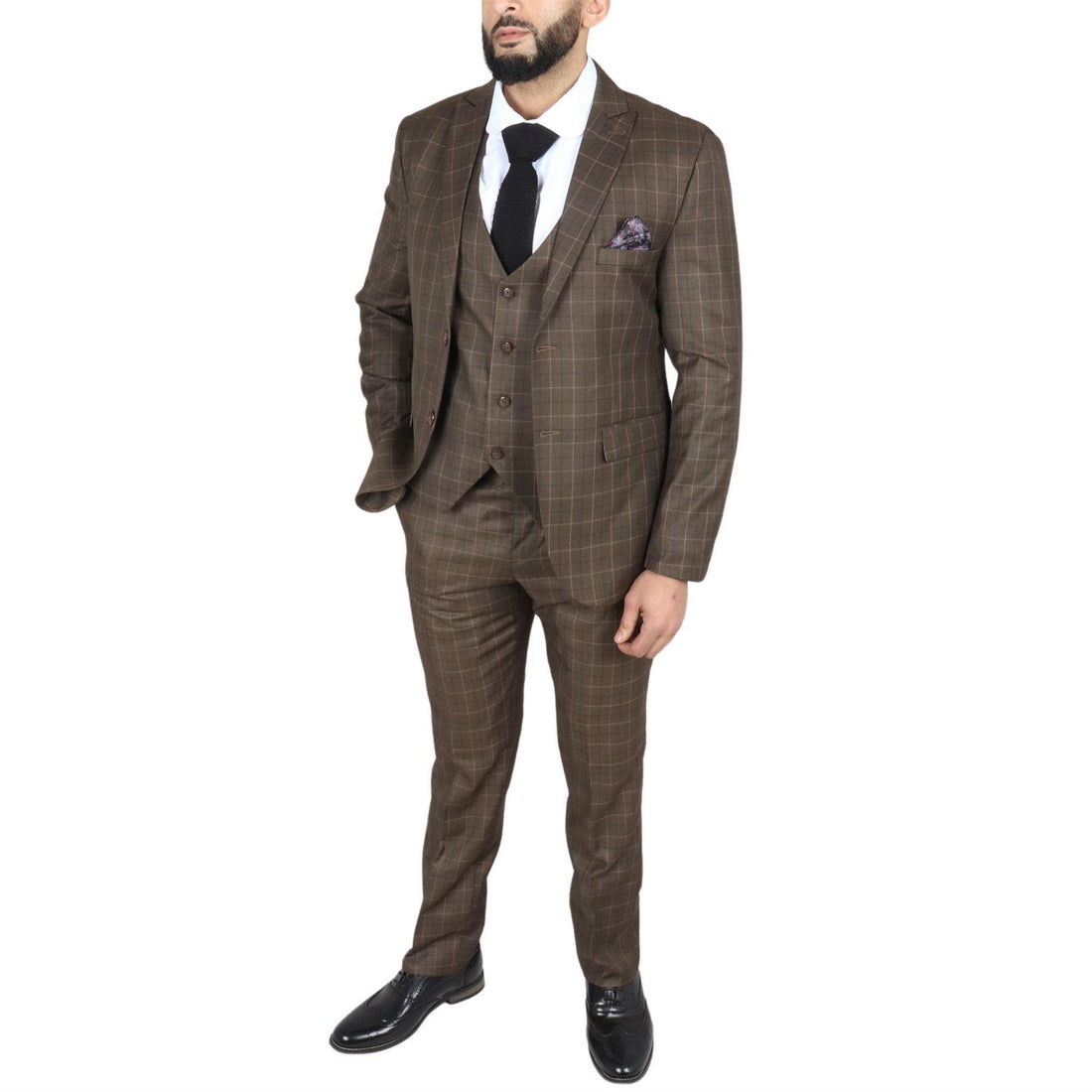 Men's Brown Suit Prince Of Wales Check Tailored Fit 3 Piece Formal Dress - Knighthood Store