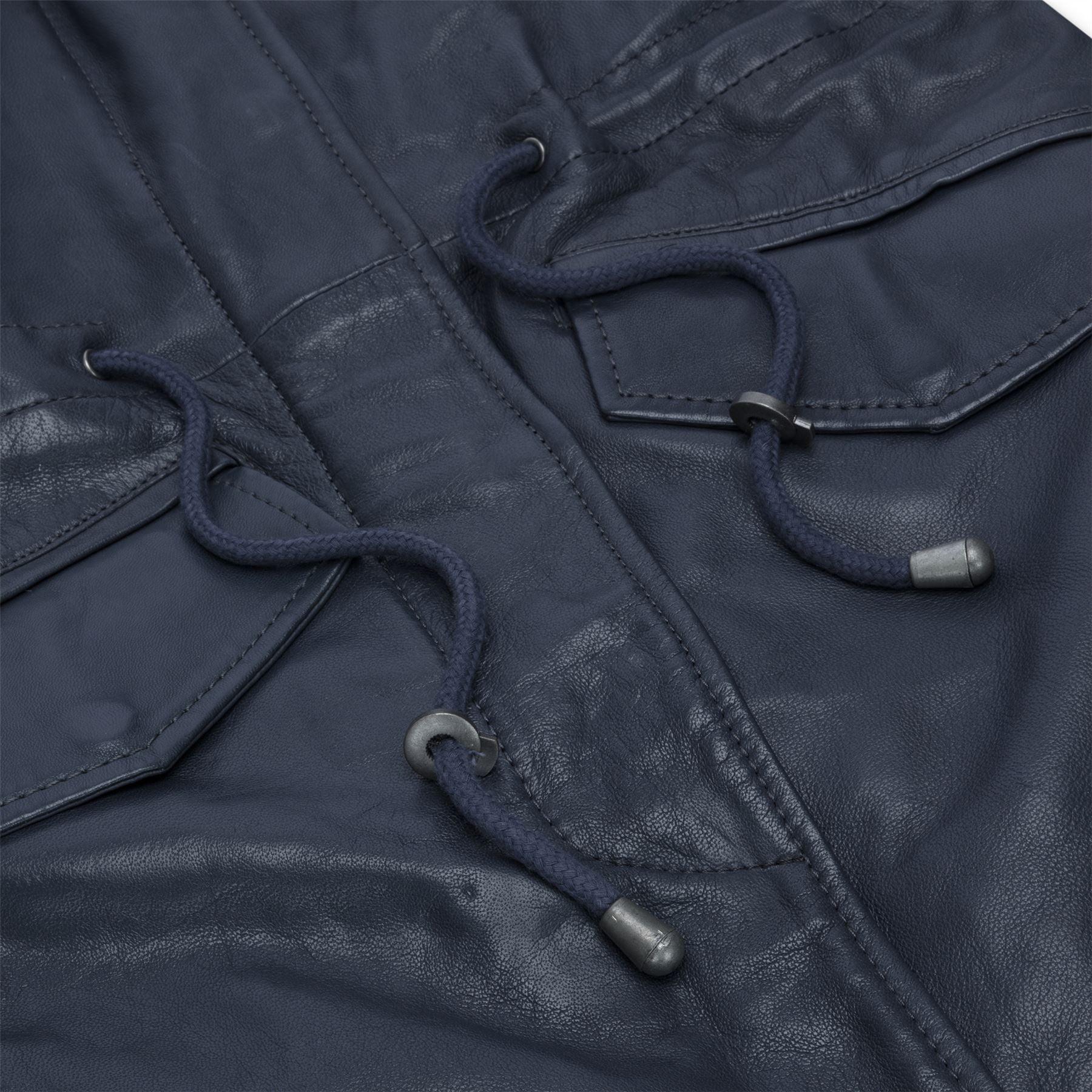 Womens Real Leather Peacoat Hooded Parka Jacket Navy Blue Brown Tailored Fit 3/4 Long - Knighthood Store