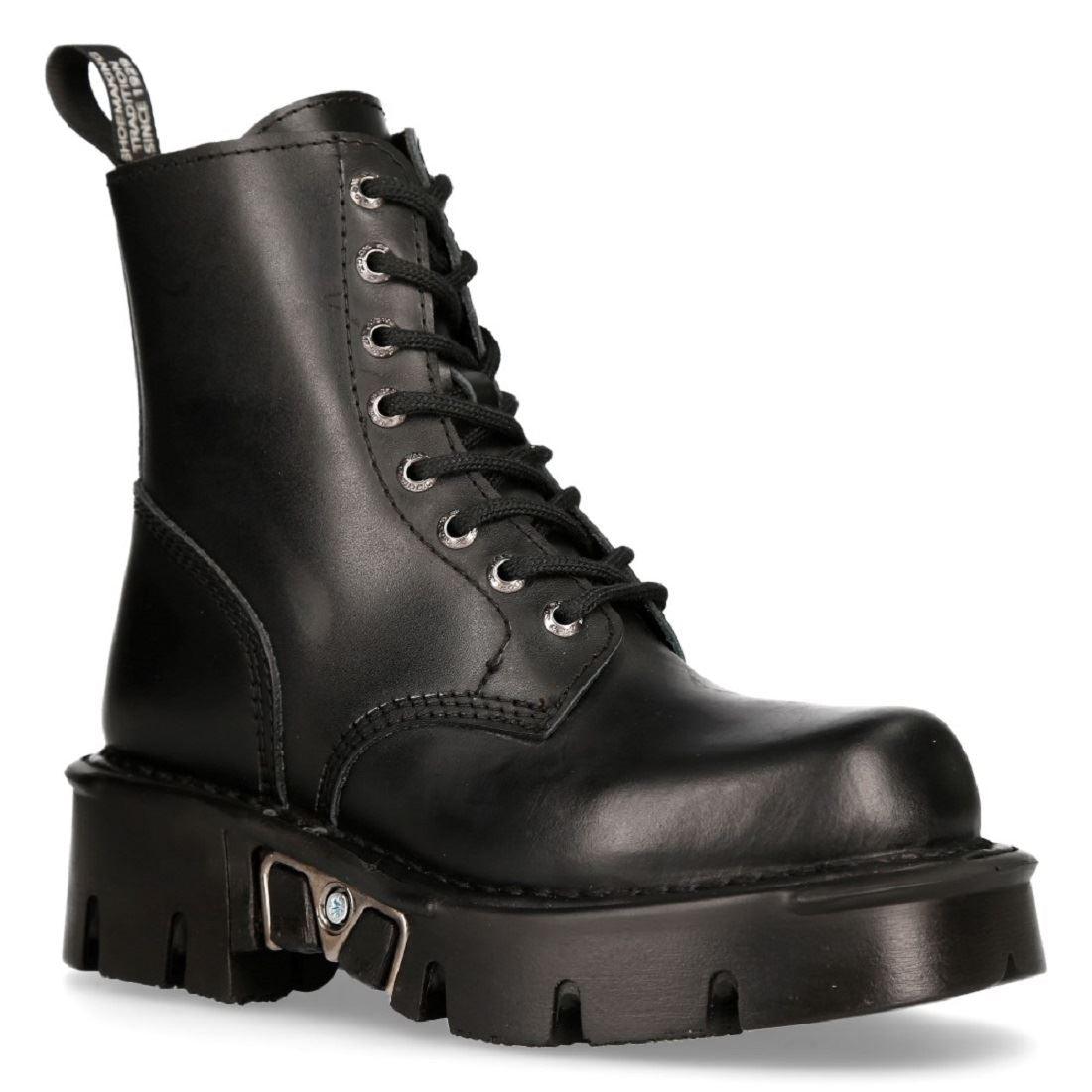 New Rock M-MILI084N-S Unisex Metallic Black 100% Leather Platform Military Boots - Knighthood Store