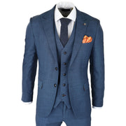 Mens 3 Piece Prince Of Wales Check Suit Blue Classic Light Tailored Fit Modern