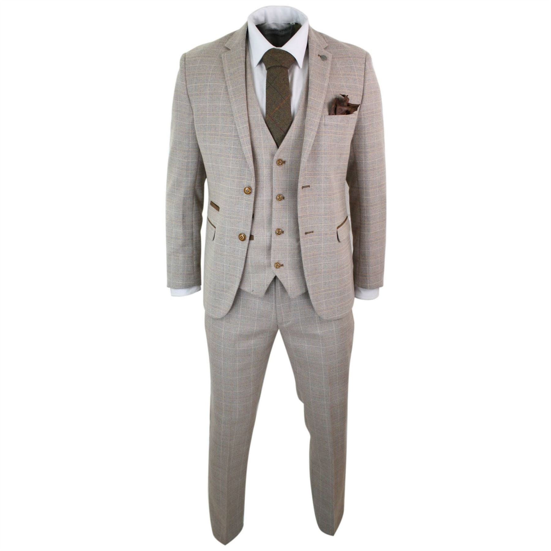 Mens Check Tweed Beige Brown 3 Piece Suit Wedding Prom Vintage Retro Classic