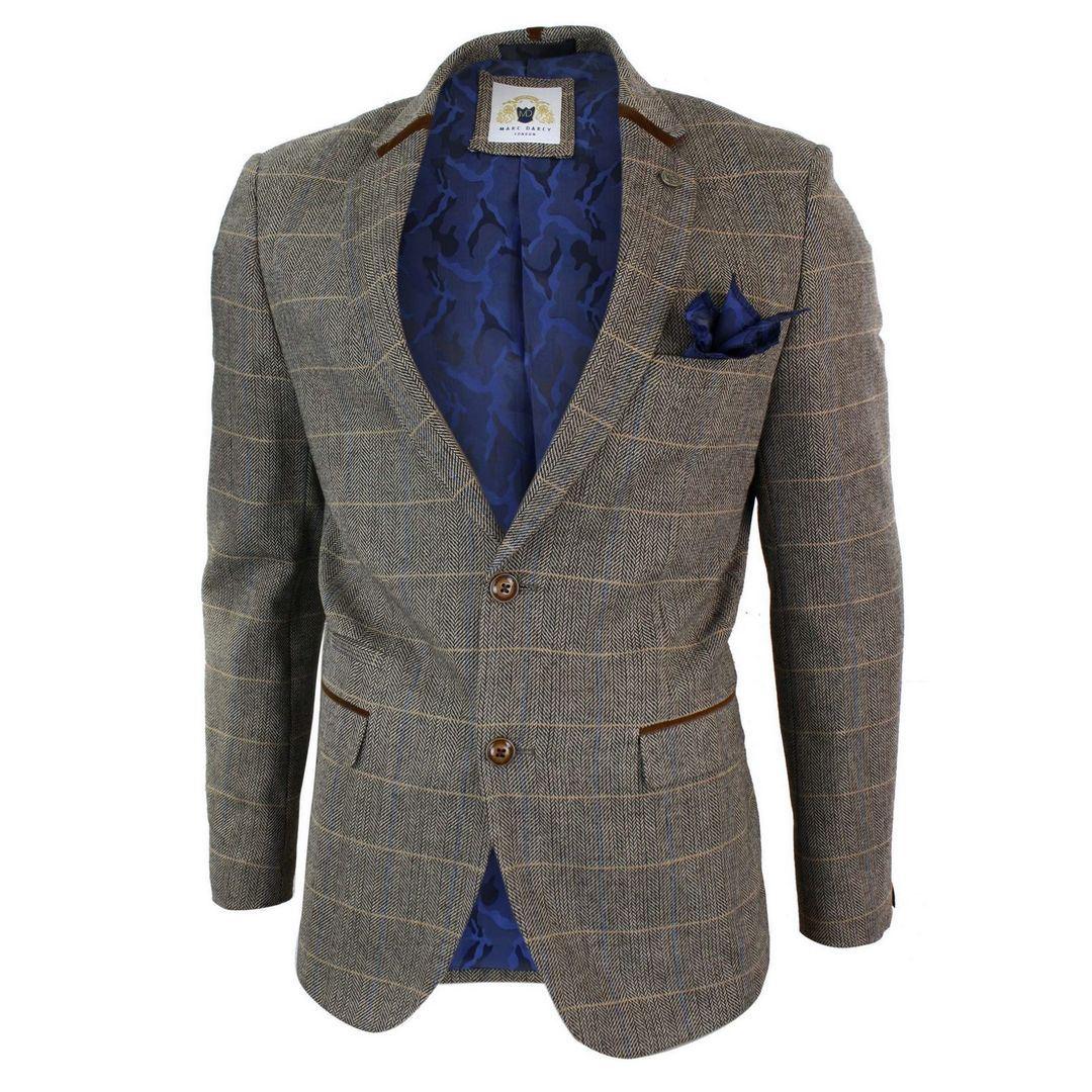 Mens Herringbone Tweed Marc Darcy Tan Brown Slim Fit 2 Button Blazer Check Jacket - Knighthood Store