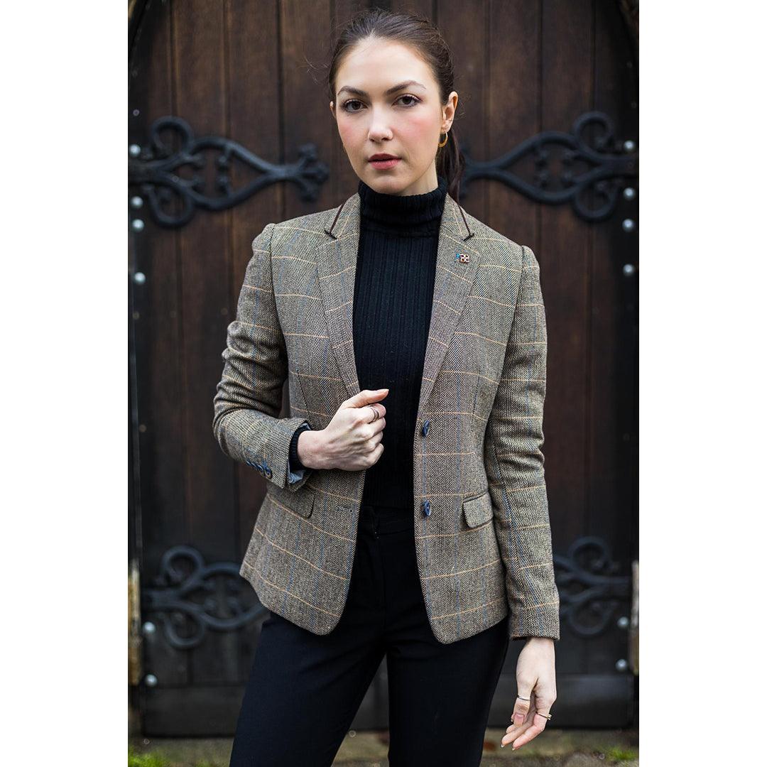 Women Classic Tweed Herringbone Check Tan Brown Slim Fit Vintage peaky blinders - Knighthood Store