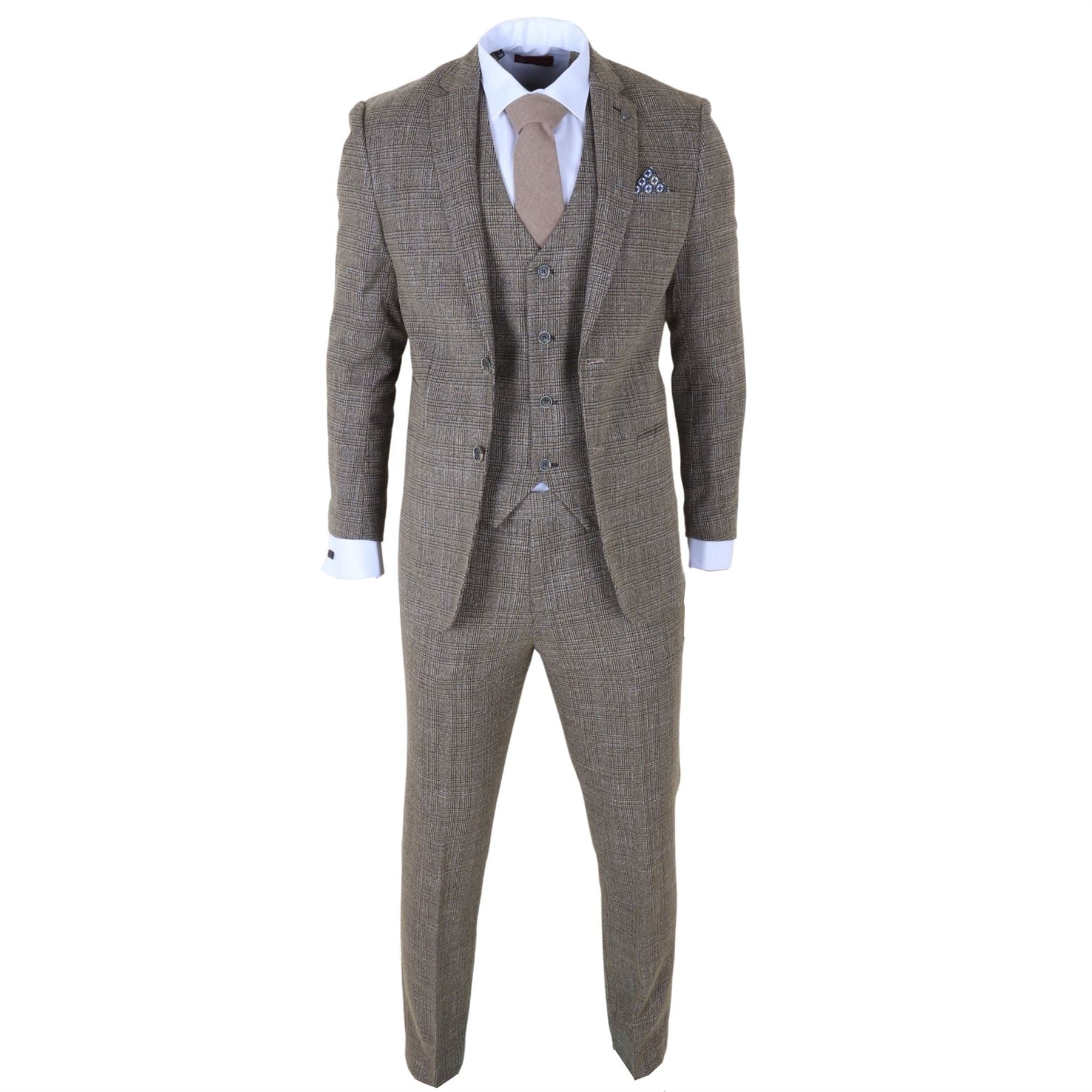 Parker - Men's Tan Brown Classic Check Slim Fit 3 Piece Suit