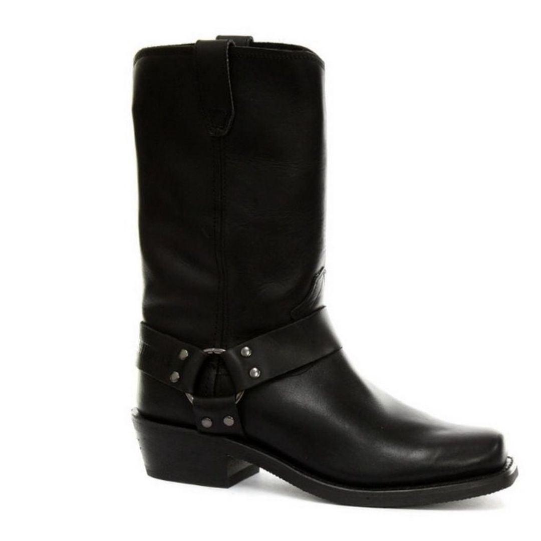 Unisex Real Leather Hi Biker Boots Rock Punk Grinders Buckle Cowboy Riding - Black / UK 4