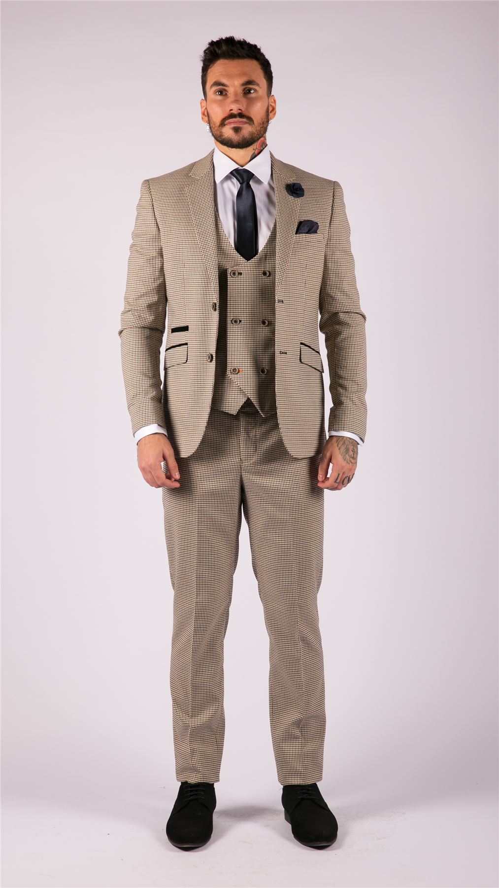 Mens Beige Navy Check Suit Vintage Classic Prince Of Wales Tailored Fit Wedding
