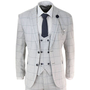 Mens Light Grey Check 3 Piece Suit Double Breasted Waoistcoat Tailored Fit