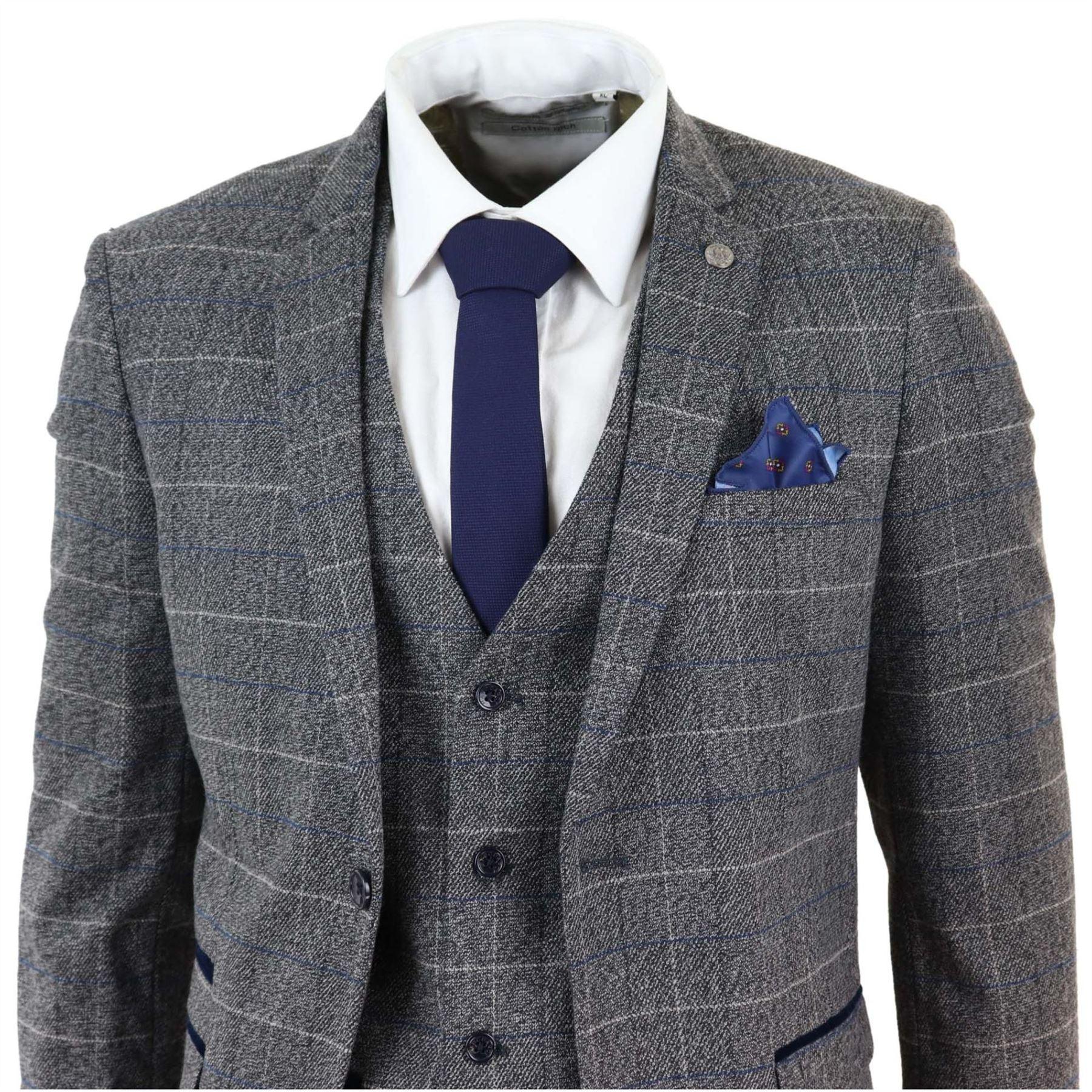 Mens Grey Check 3 Piece Suit Herringbone Tweed Vintage Tailored Fit Blue Velvet - Knighthood Store